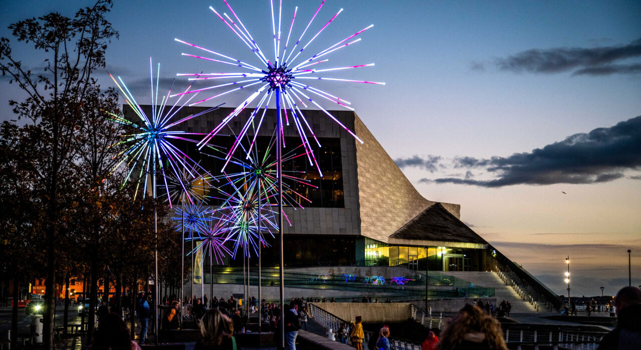 Electric Dandelions, Burning Man art, LED firework light sculpture.